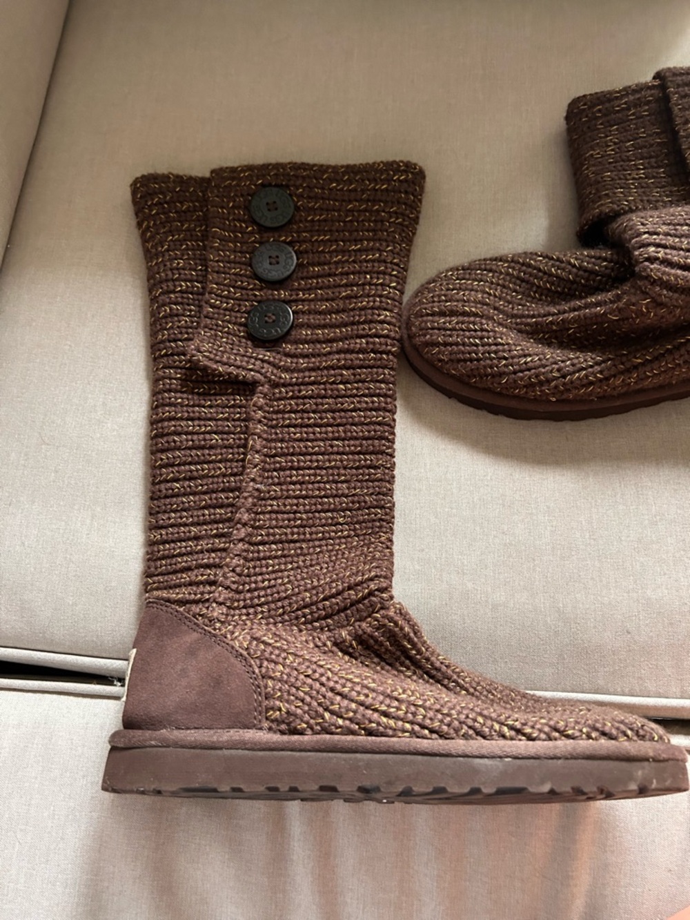 UGG Brown Knit Boot with Yellow Stitching